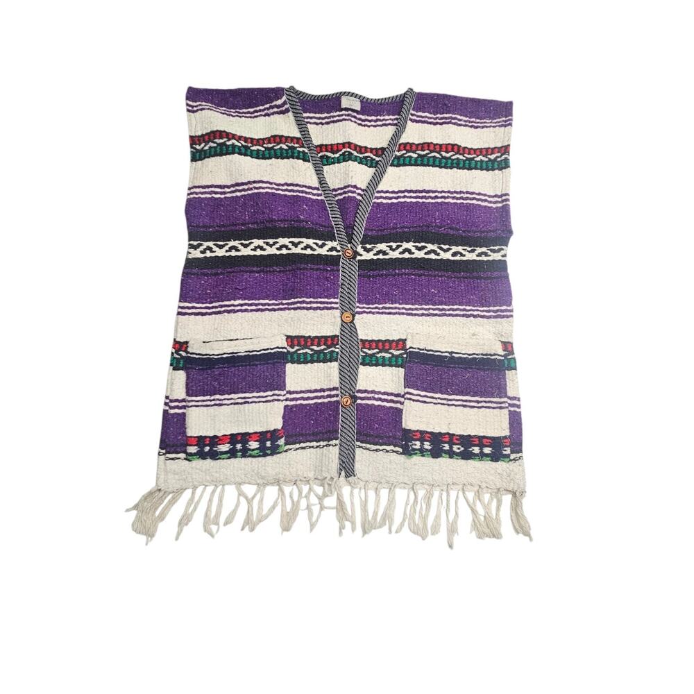 Vintage Guatemala Poncho Cardigan Vest Adult Unisex XL Purple Southwestern Boho